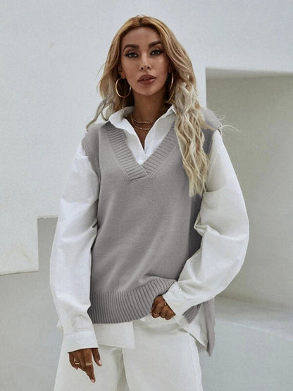 Women's Knitted Vest V-Neck Wide Rib Knit