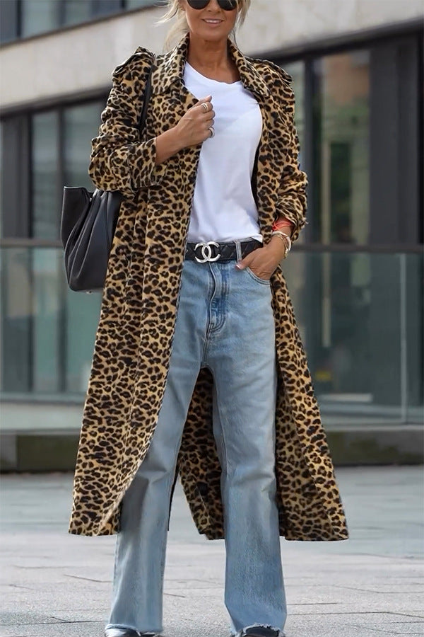 Stylish Leopard Trench Coat Loose Pleats