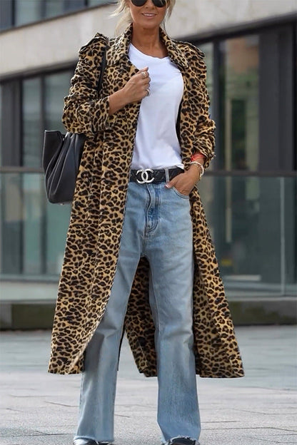 Stylish Leopard Trench Coat Loose Pleats