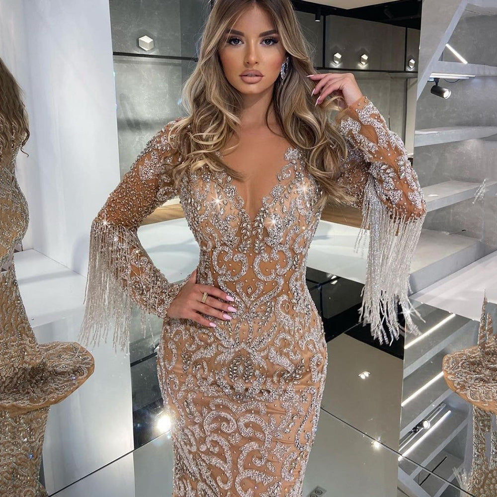Glitter Evening Dress Women Elegant V-Neck