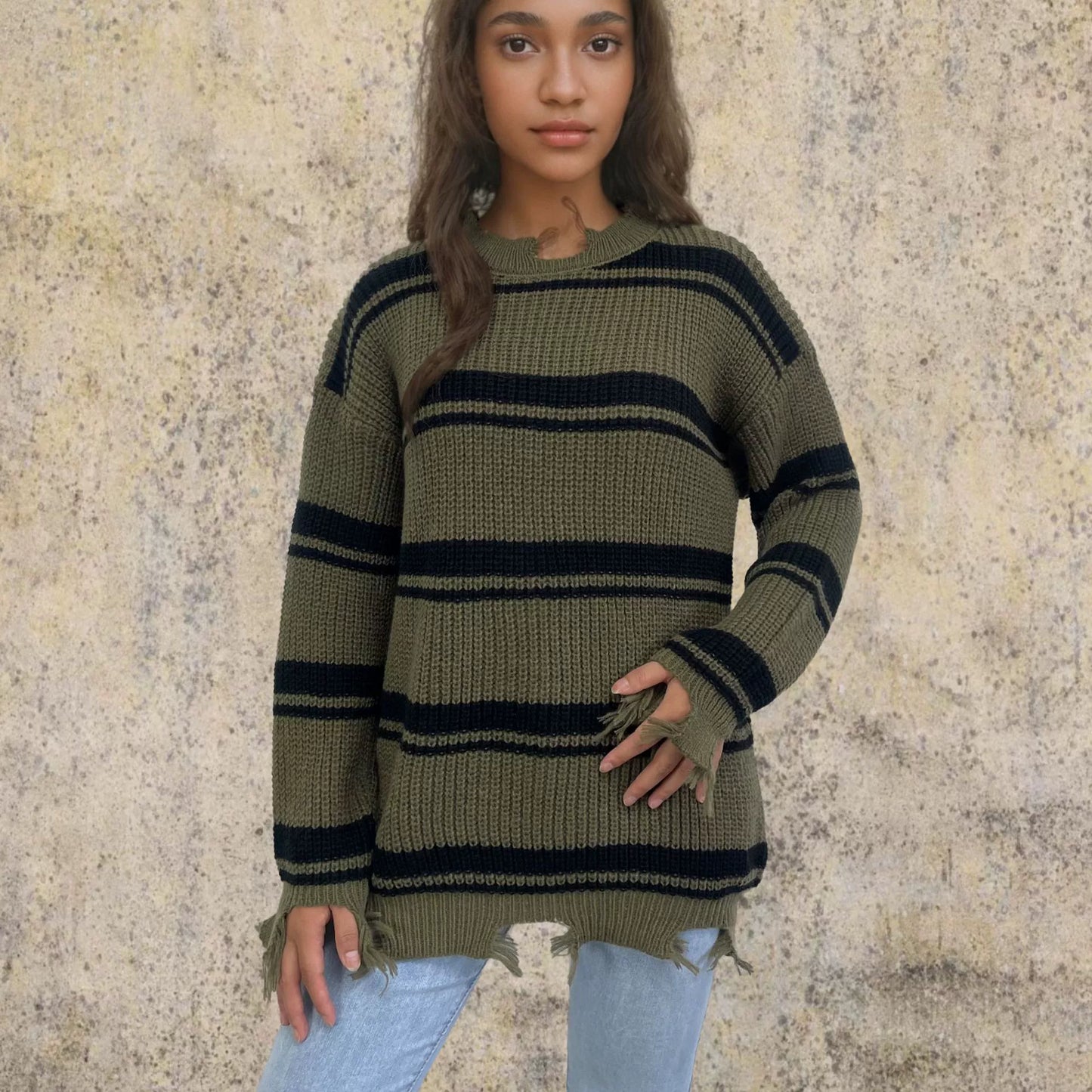 Oversize Knitted Wool Jumper with Contrast Stripes