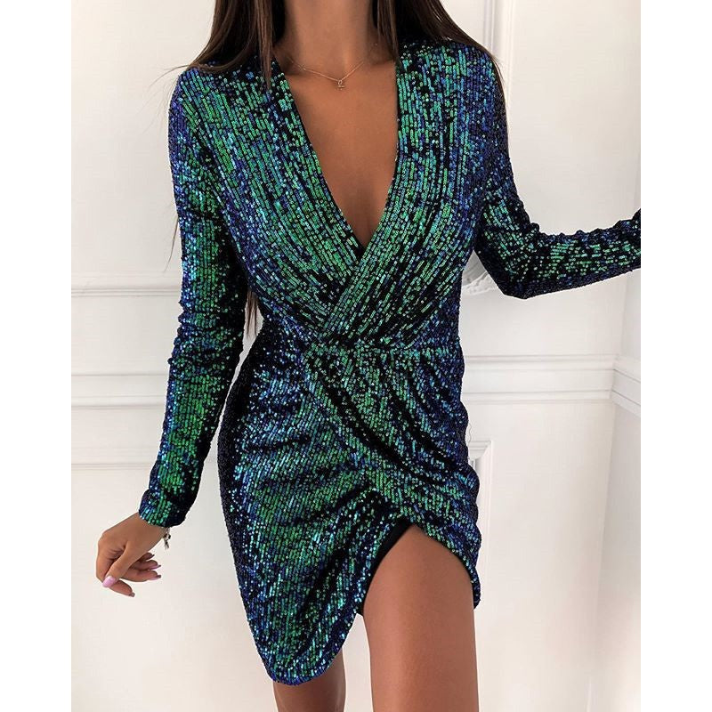 Women's Evening Dress Glitter V-Neck Long-Sleeved