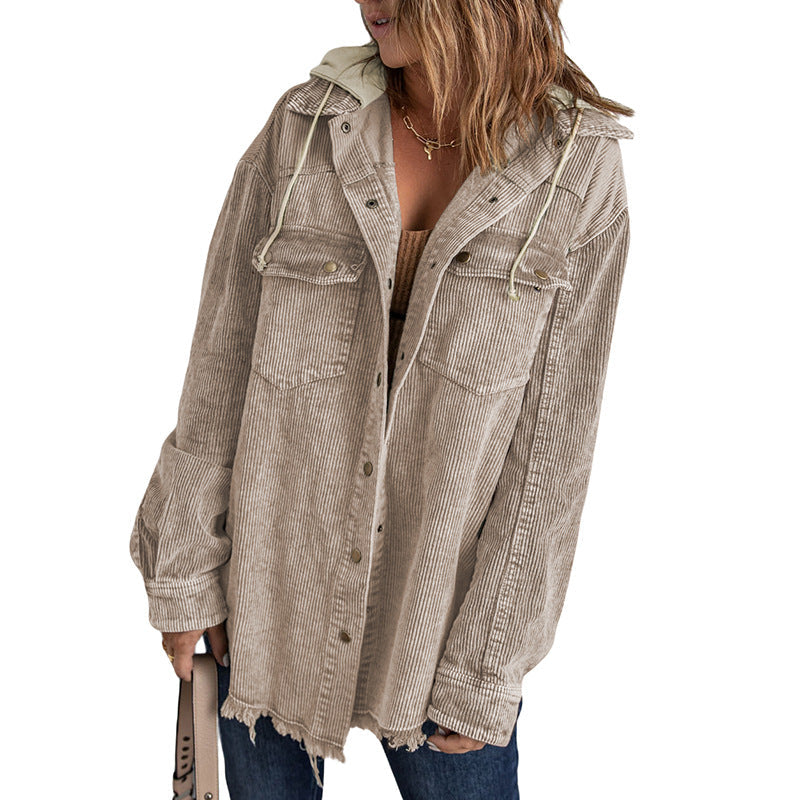 Large Oversized Jacket with Hood Corduroy Look