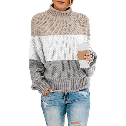 Women's Sweater Chunky Knit High Collar Modern Color Block