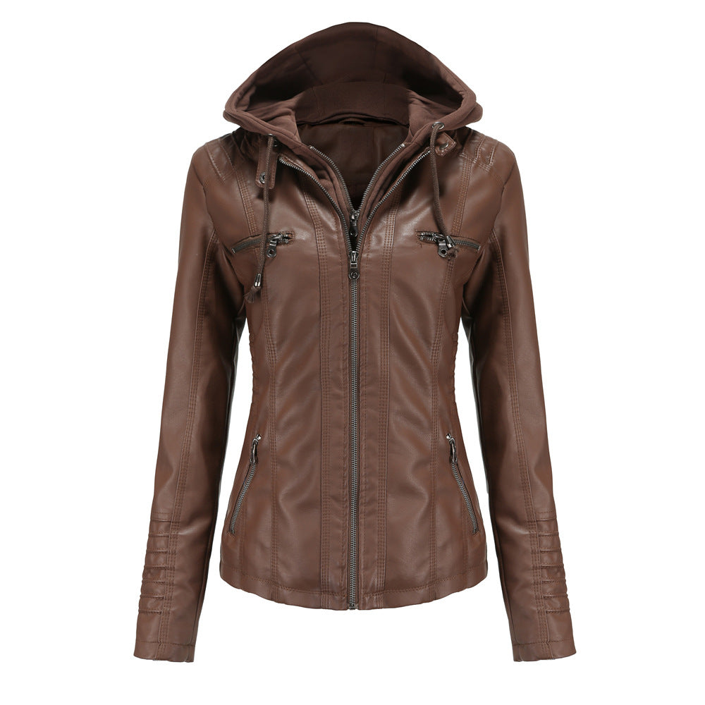 Stylish Leather Jacket Slim Fit Hood Zipper