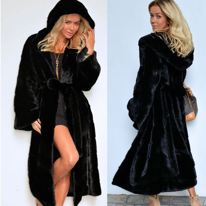Women's Long Winter Coat Hooded Parka Faux Fur Belt