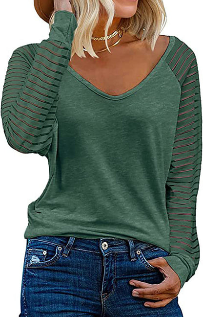 Women's Top Long Sleeve V-Neck Striped Sleeves Trendy