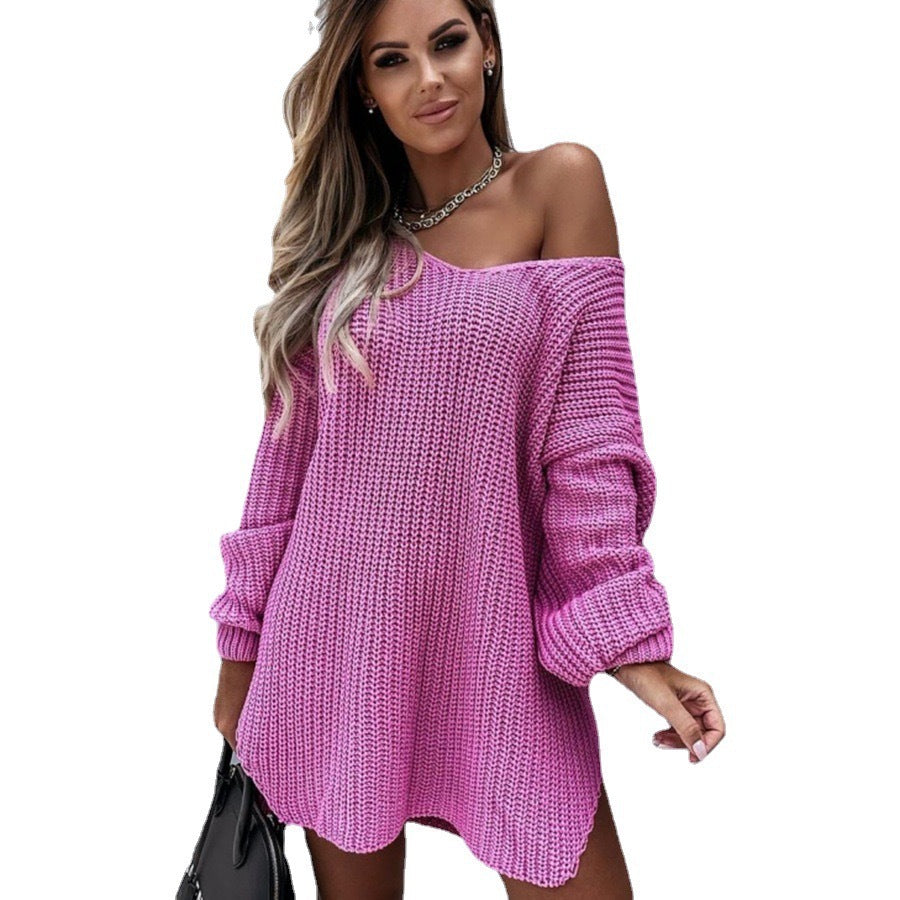 Damen Strickkleid Oversized Bequem Weite Passform