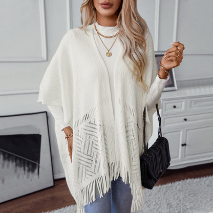 Damen Strickponcho Elegantes Design Fransen Muster - IdealeKleiden