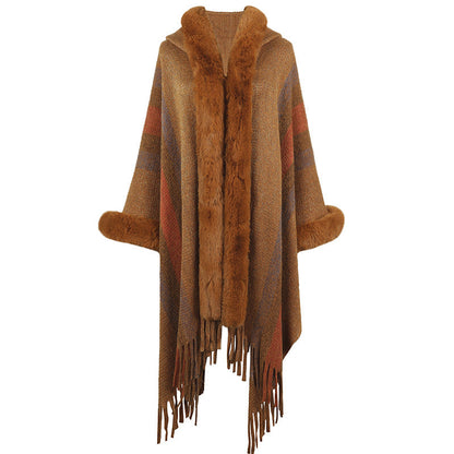 Women's Long Poncho Luxury Faux Fur Collar