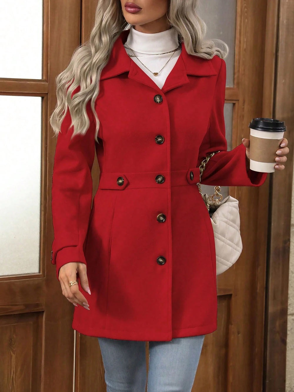 Women's Slim Fit Wool Coat Button Closure