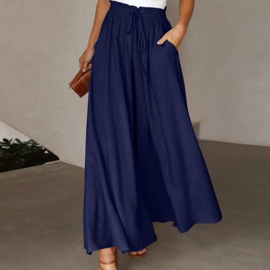 Women's Elegant Wide-Leg Trousers with Elastic Waistband and Pockets