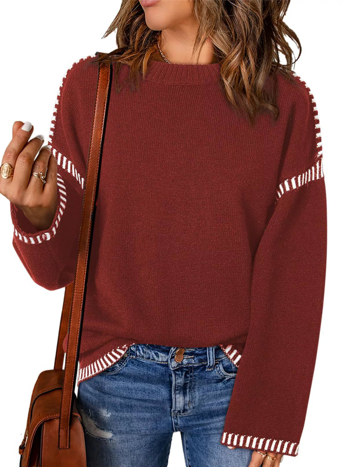 Loose Women's Clothing Round Neck Cable Knit Long Sleeve Stripes