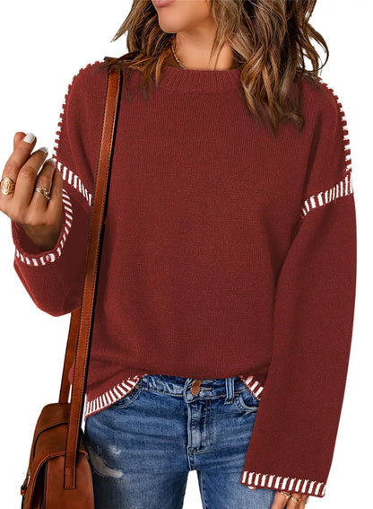 Loose Women's Clothing Round Neck Cable Knit Long Sleeve Stripes