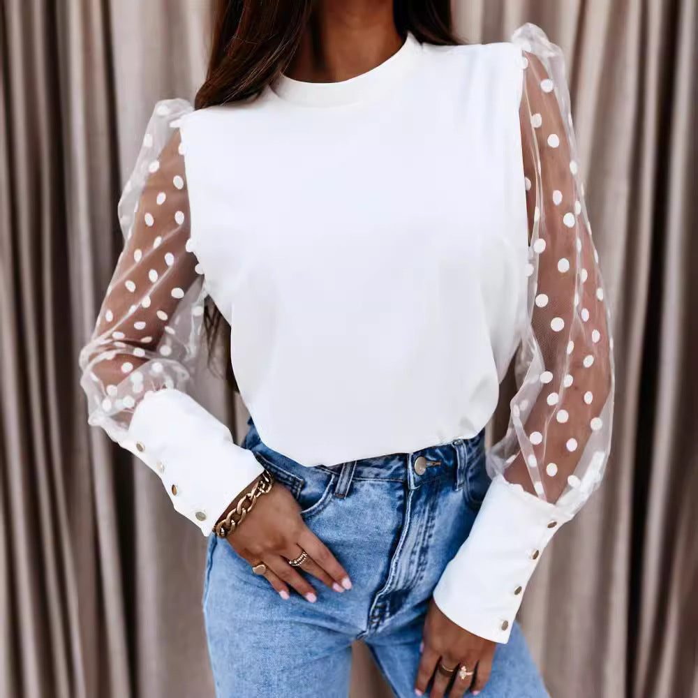 Damen Bluse Transparent Ärmel Punkte Chic - IdealeKleiden