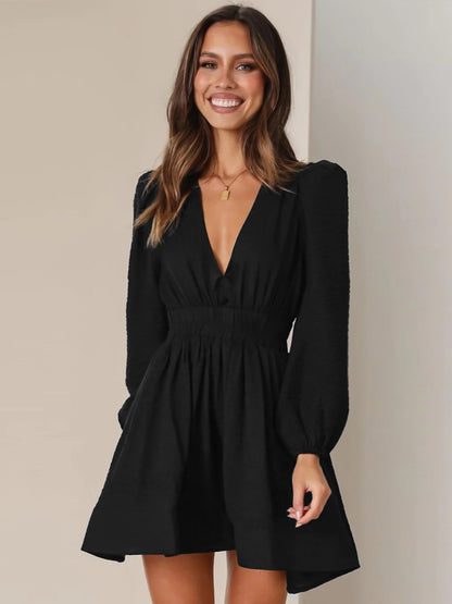 Women's Elegant V-Neck Puff Sleeve Party Dress