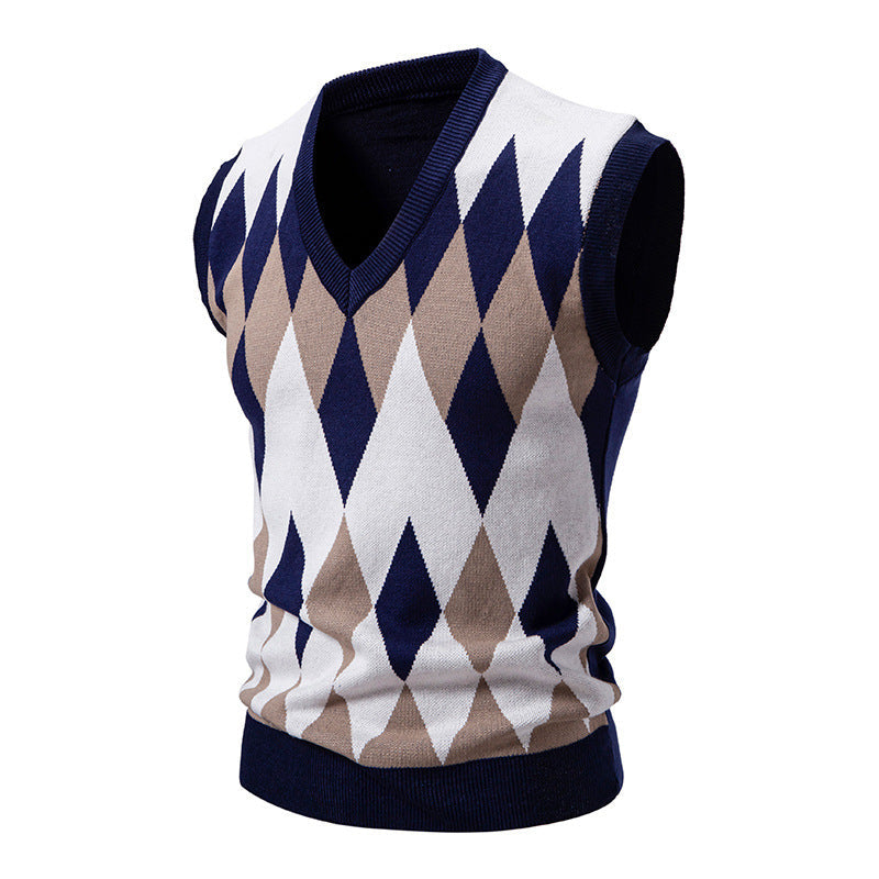 Men's Knitted Sleeveless Elegant Diamond Pattern Sweater