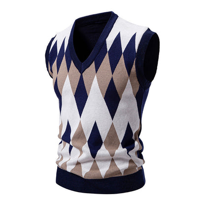 Men's Knitted Sleeveless Elegant Diamond Pattern Sweater