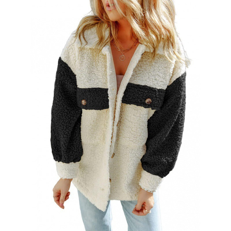 Soft Women's Teddy Jacket Contrast Sleeves Winter