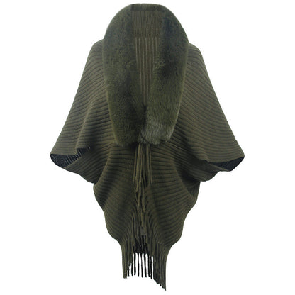 Damen Poncho Luxus Strick mit Kunstfellkragen und Fransen