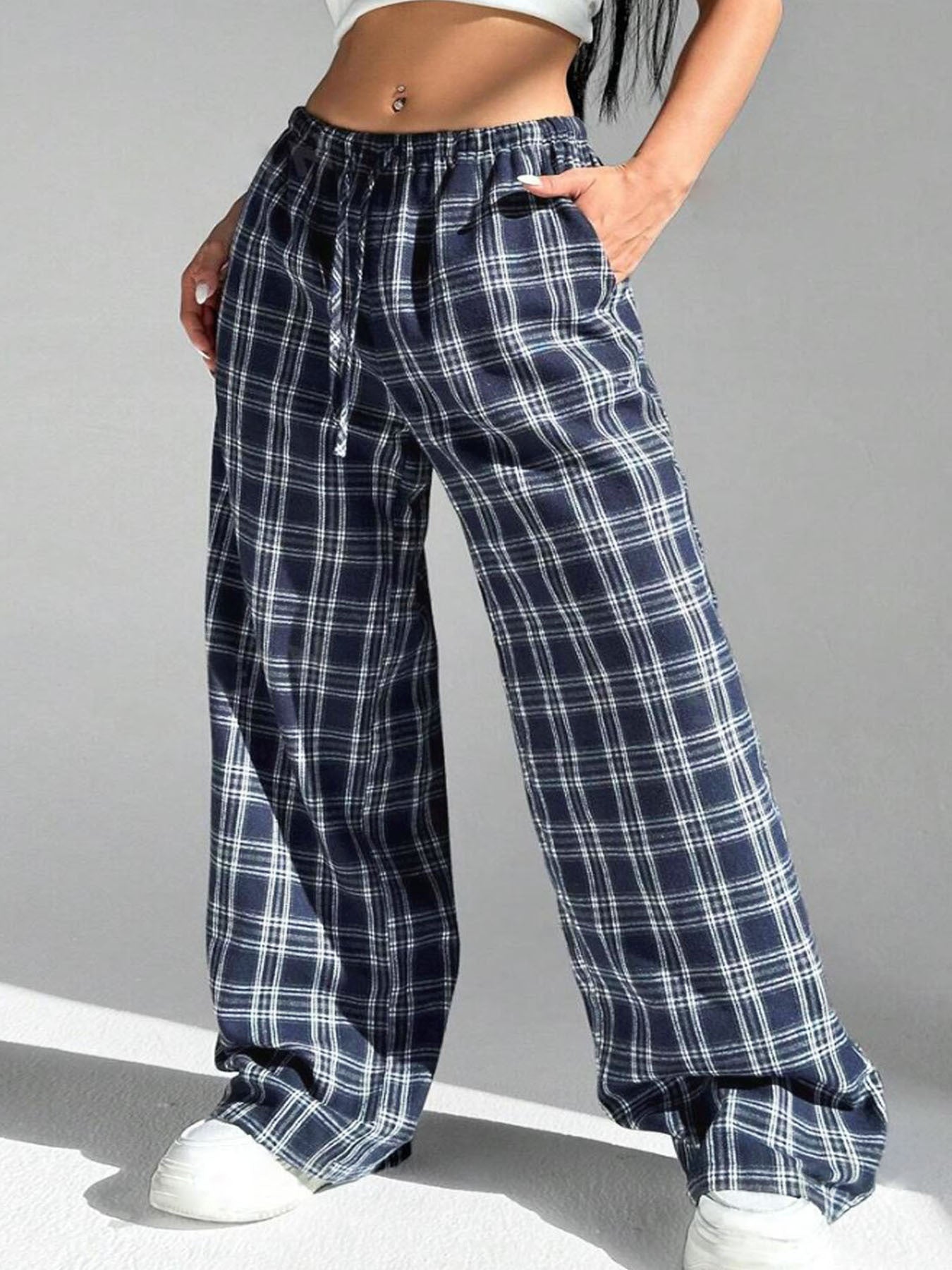 Women's Plaid Pants Comfortable Elastic With Pockets