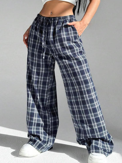 Women's Plaid Pants Comfortable Elastic With Pockets