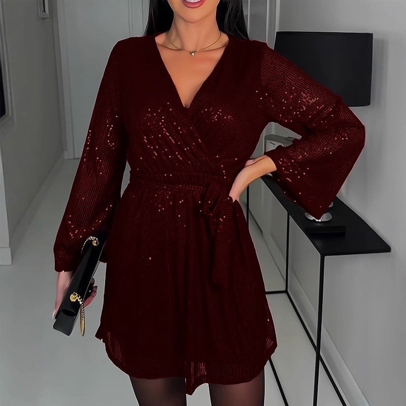 Glitter Evening Dress Women Elegant V-Neck