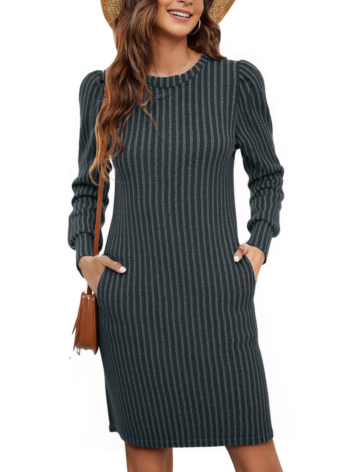 Women's Sweater Dress Ruffle Details Side Pockets