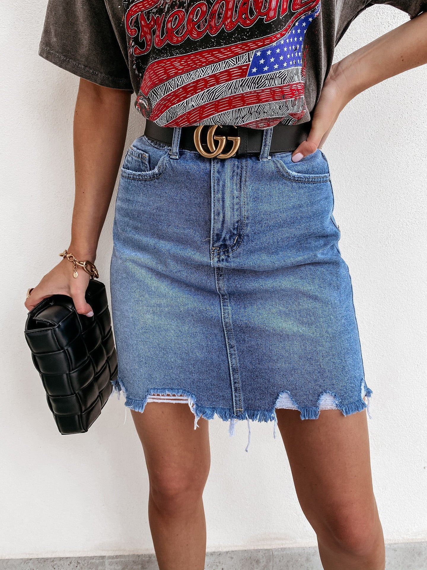 Women's Denim Skirt High Waist Fringed Hem