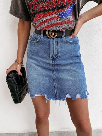 Women's Denim Skirt High Waist Fringed Hem
