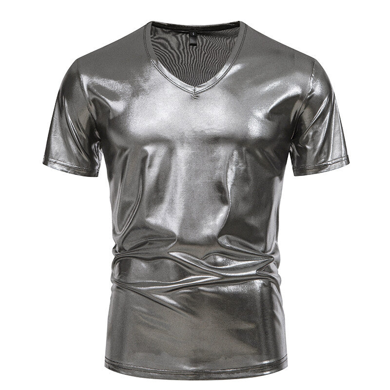 Men's T-Shirt V-Neck Shiny Fabric Modern Style