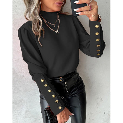 Elegant Women's Blouse Puff Sleeves Gold Details