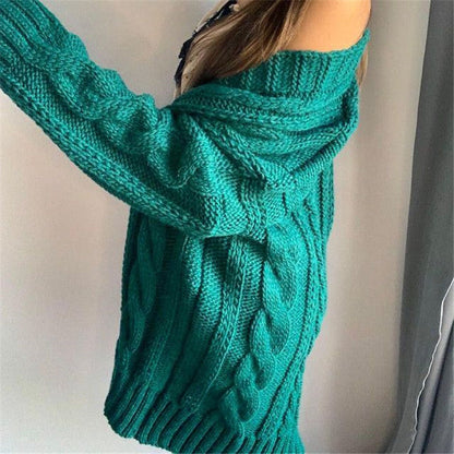 Oversized cable knit V-neck wool dress