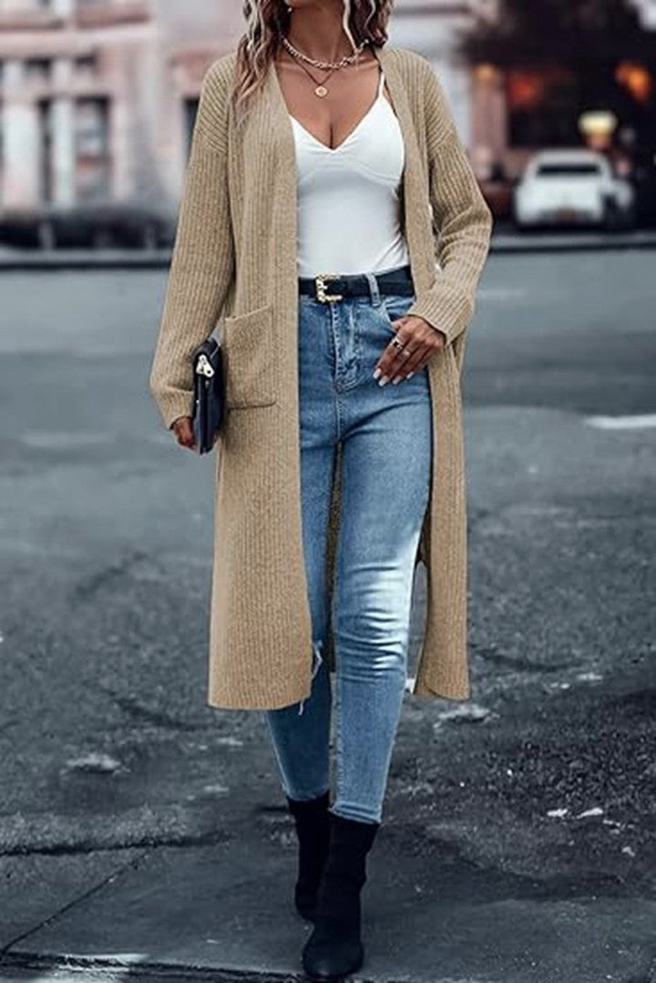 Damen Strickmantel Langärmlig mit Taschen Damenmantel