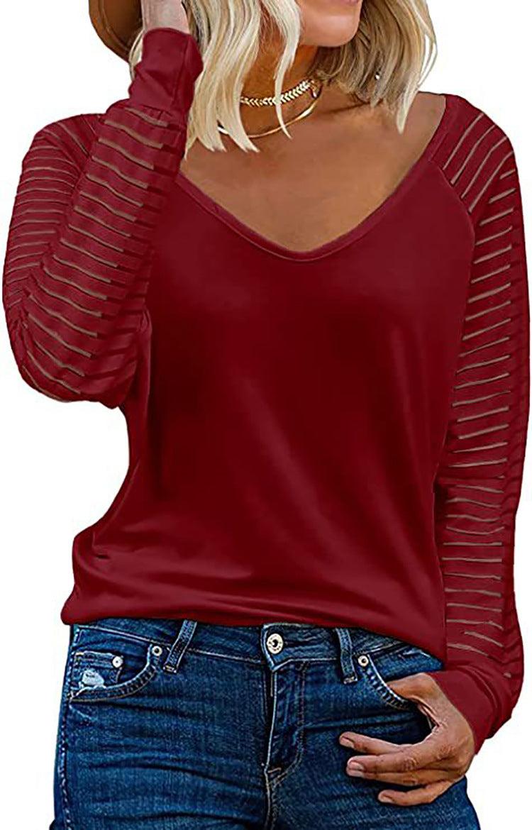 Women's Top Long Sleeve V-Neck Striped Sleeves Trendy