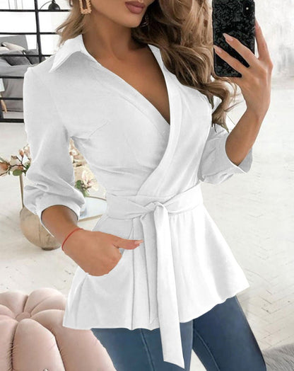 Elegant Dress with Belt V-Neck Long Sleeve