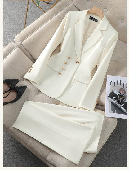 Damen Business Anzug Set Elegant Blazer Hose Gold Knöpfe