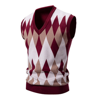 Men's Knitted Sleeveless Elegant Diamond Pattern Sweater