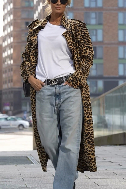 Stylischer Leoparden Trenchcoat Locker Falten - IdealeKleiden