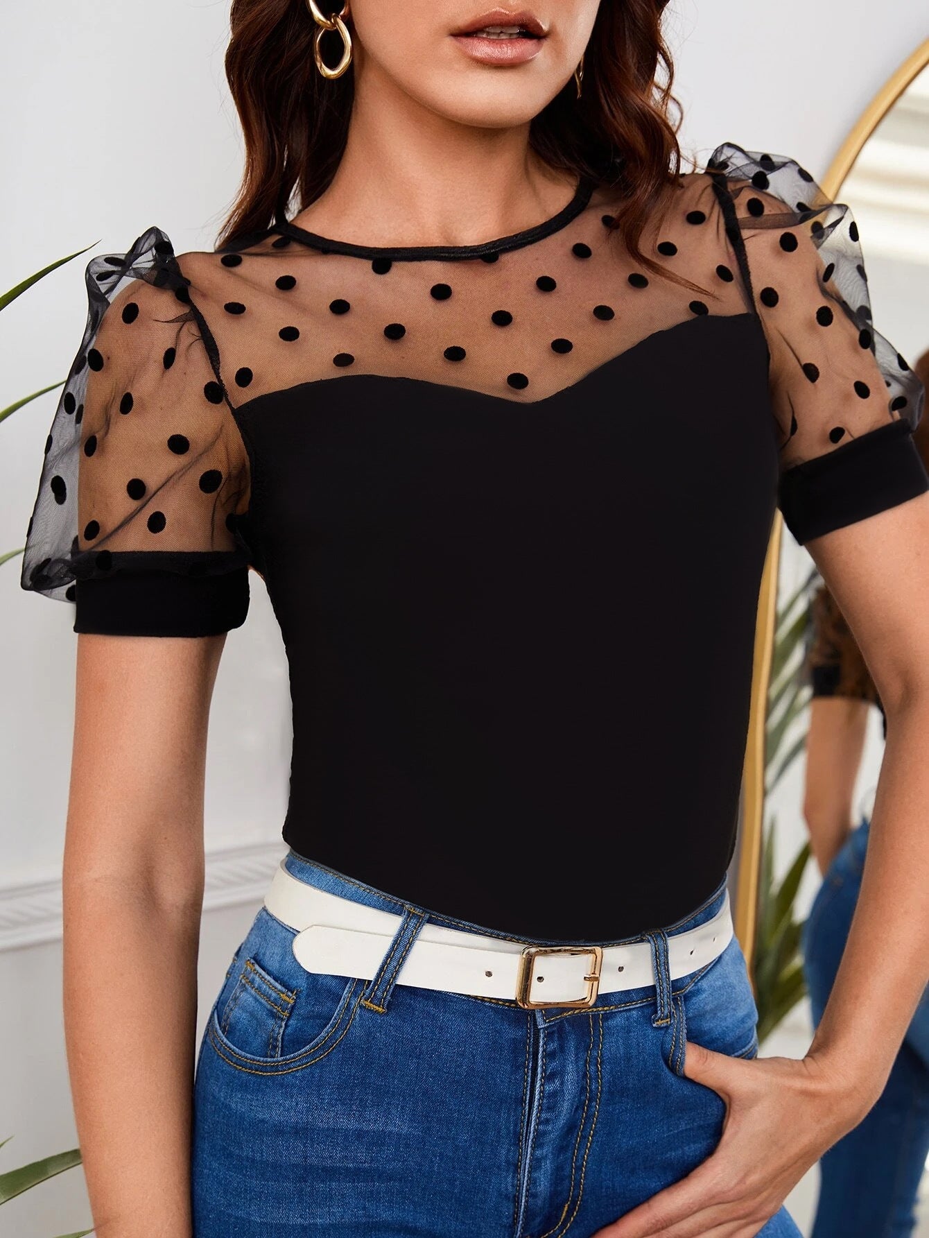 Women's Top Elegant Puff Sleeves Polka Dot Trendy