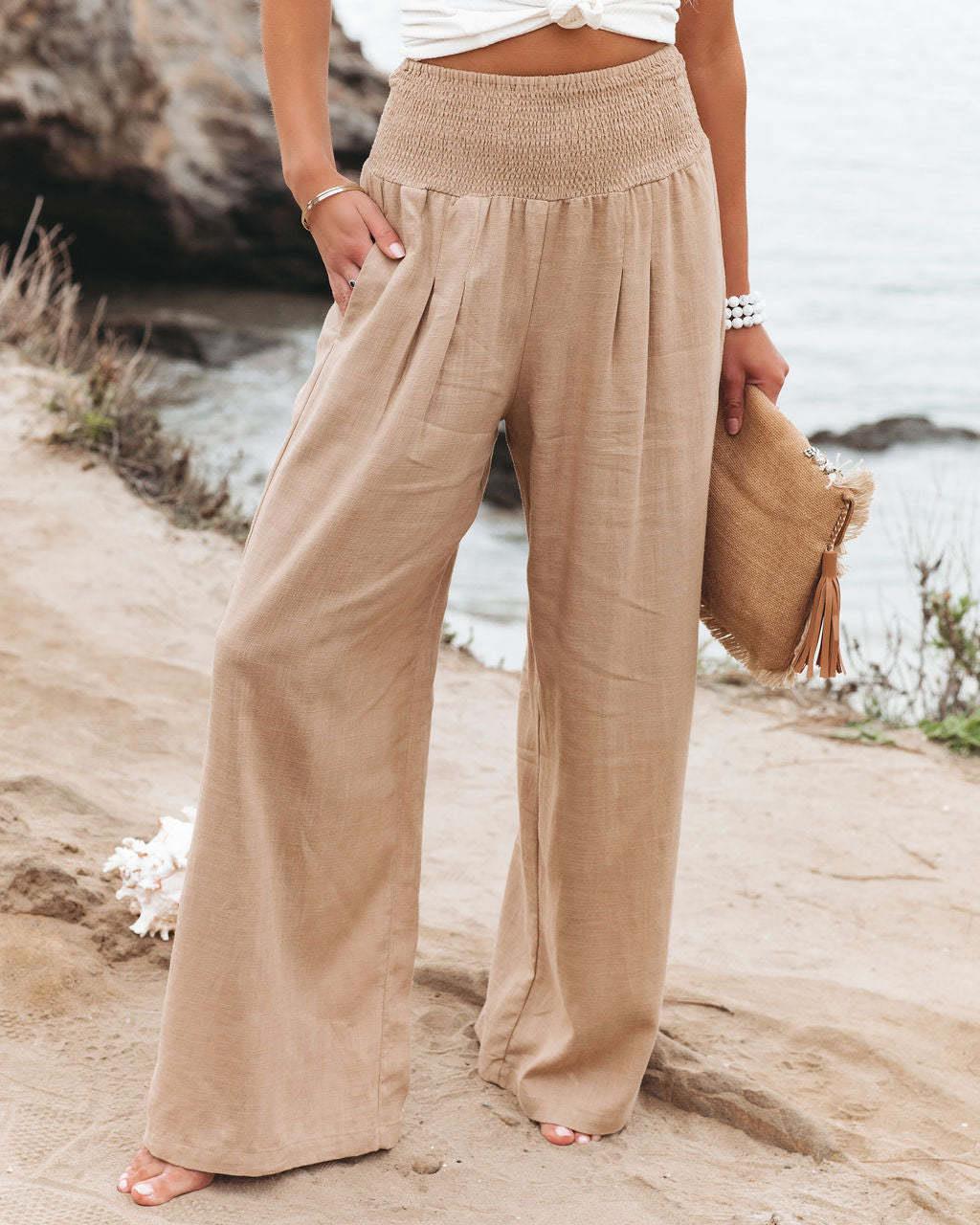 Women's Linen Trousers Wide Comfortable Pleat Detail