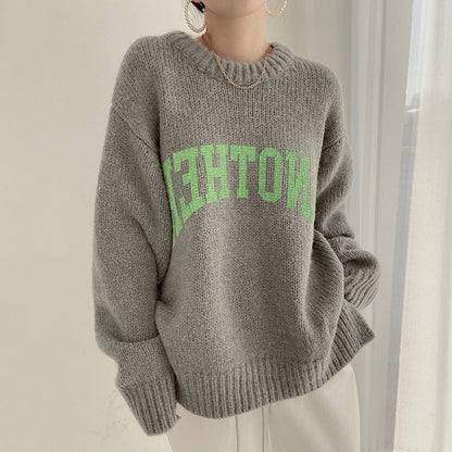 Women's Oversized Sweater Large Logo Trendy Knit Pattern
