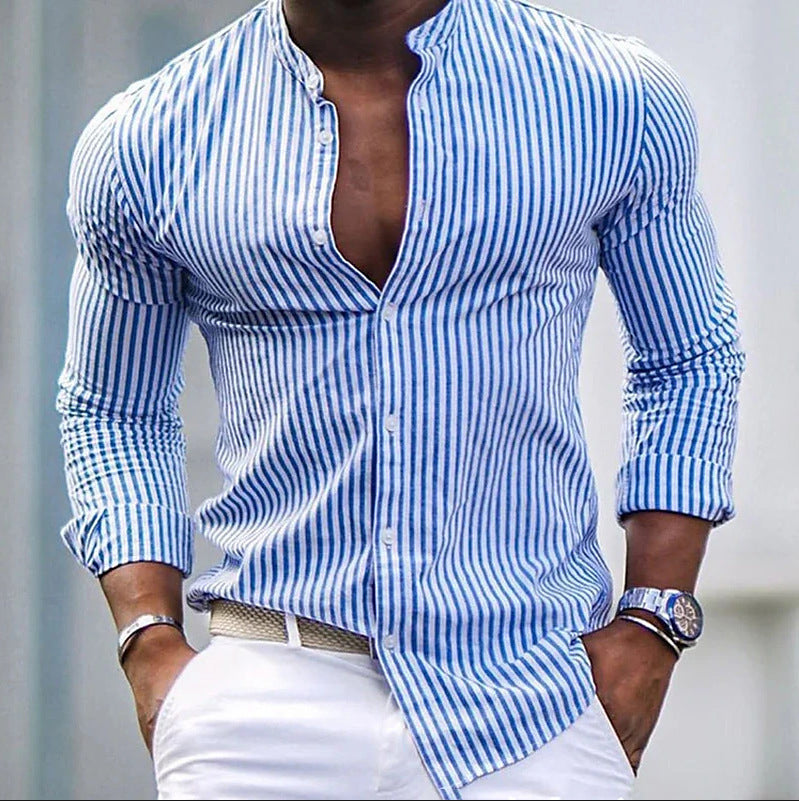 Men's Long Sleeve Shirt Modern Stand-up Collar Stripe Design