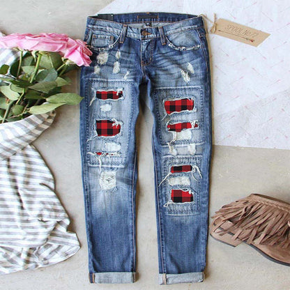 Ripped Damenjeans Trendy Destroyed Look kariert