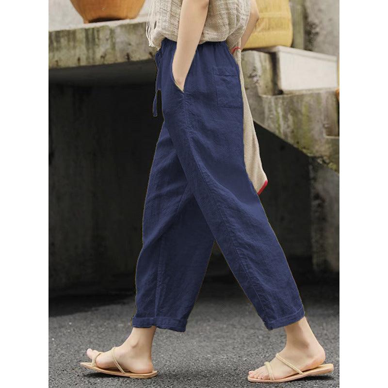 Women's Linen Trousers Comfortable Elastic with Pockets