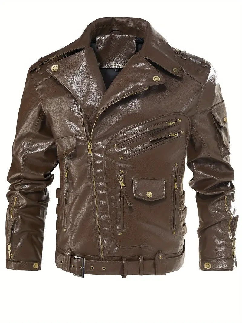Men's Leather Jacket Biker Style Zipper Pockets
