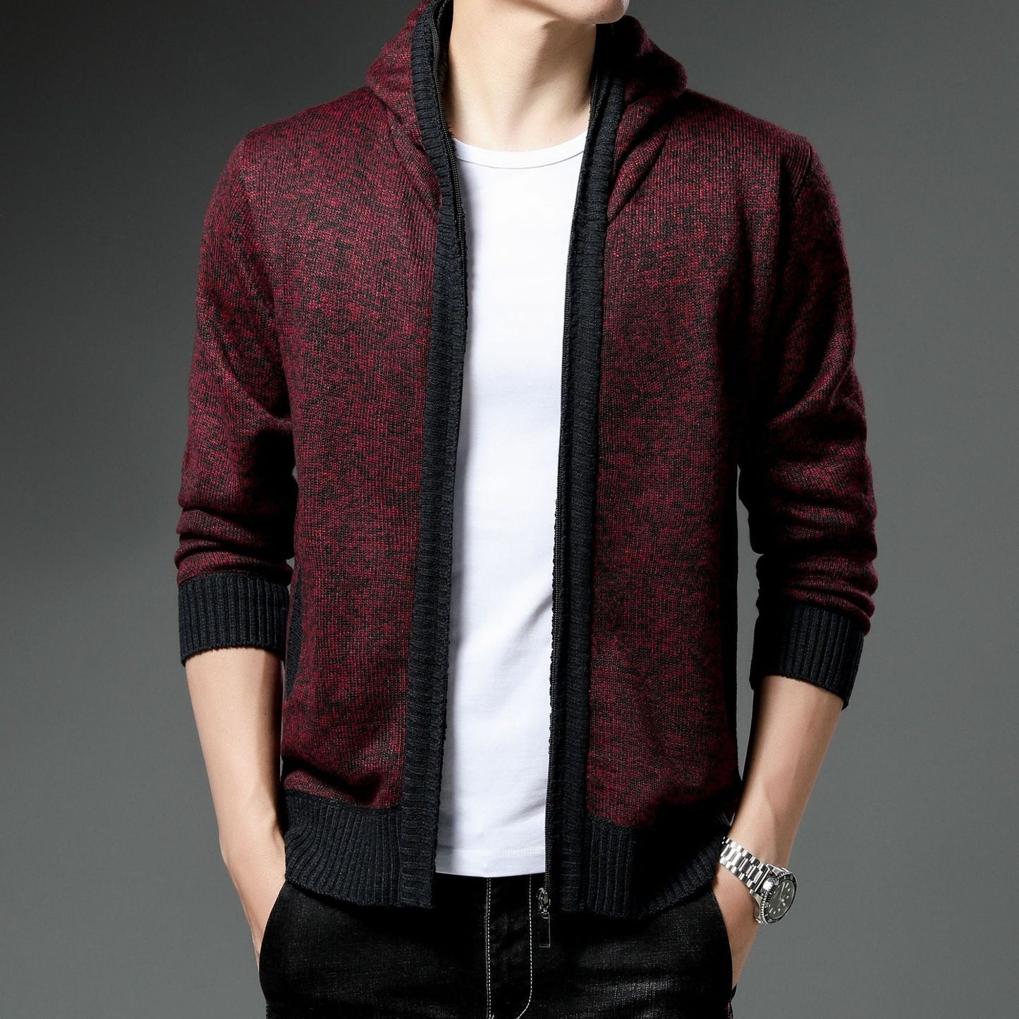 Men's Knitted Cardigan Modern Hood Black White