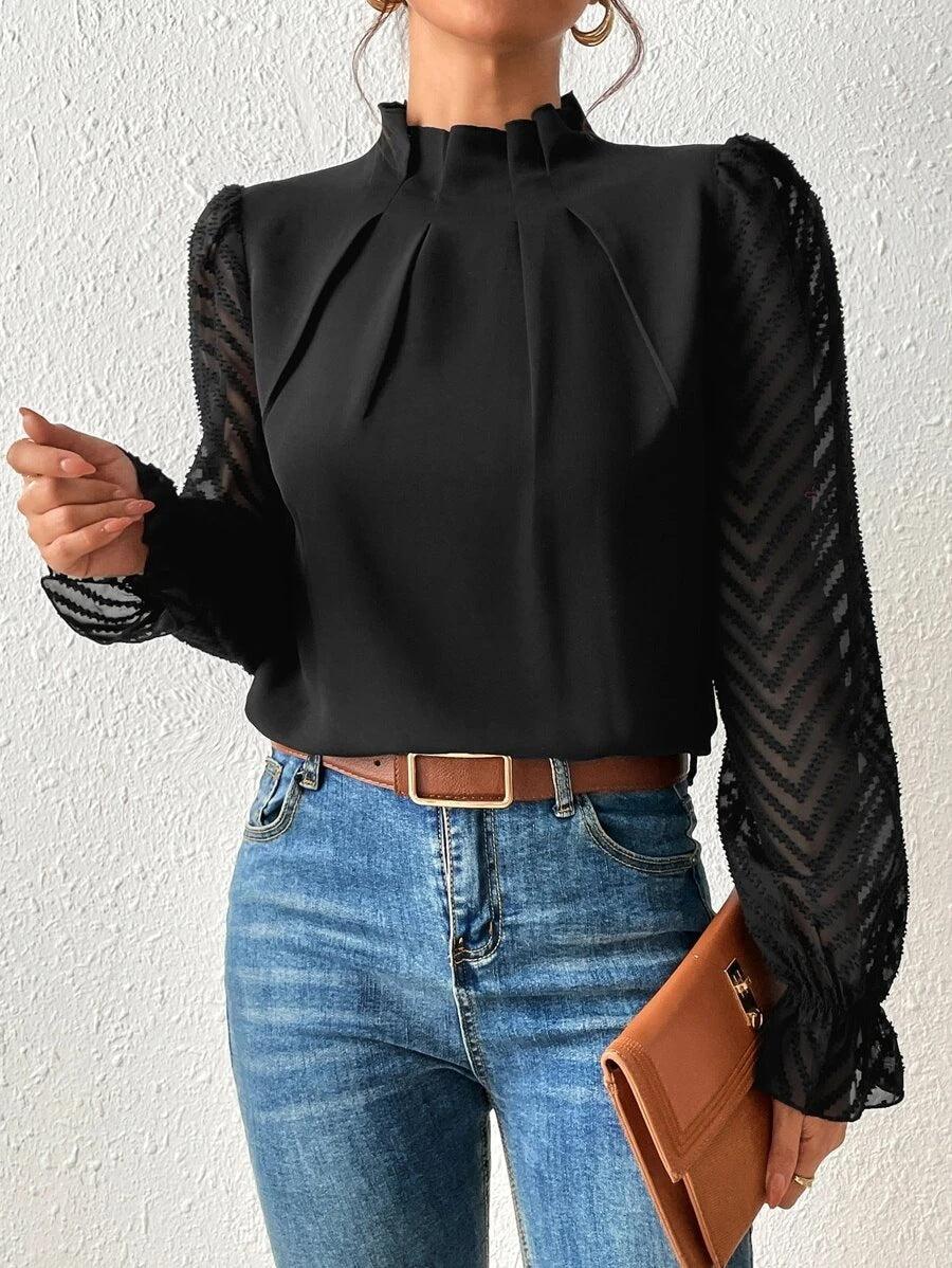 Elegant Blouse for Women Pleated Collar Sheer Sleeves