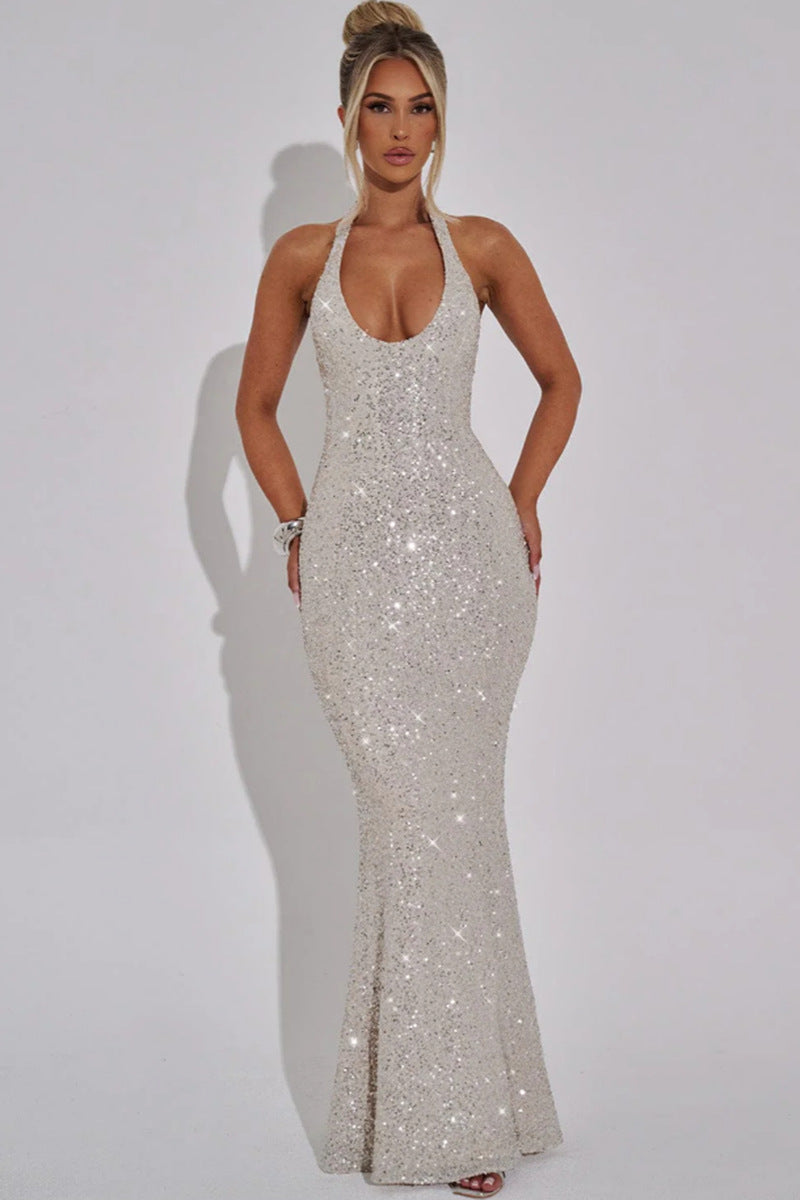 Women's Evening Dress Glitter Sequins Deep V Off-Shoulder