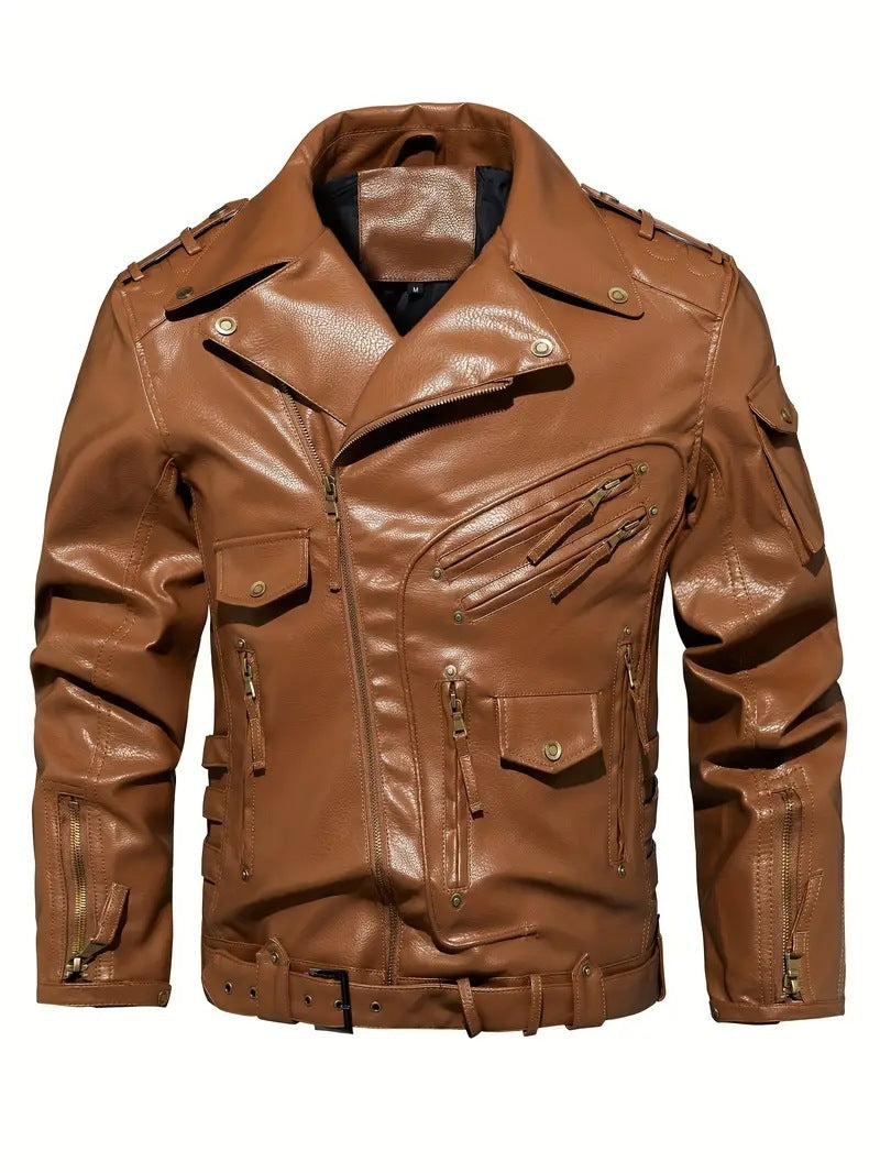 Men's Leather Jacket Biker Style Zipper Pockets